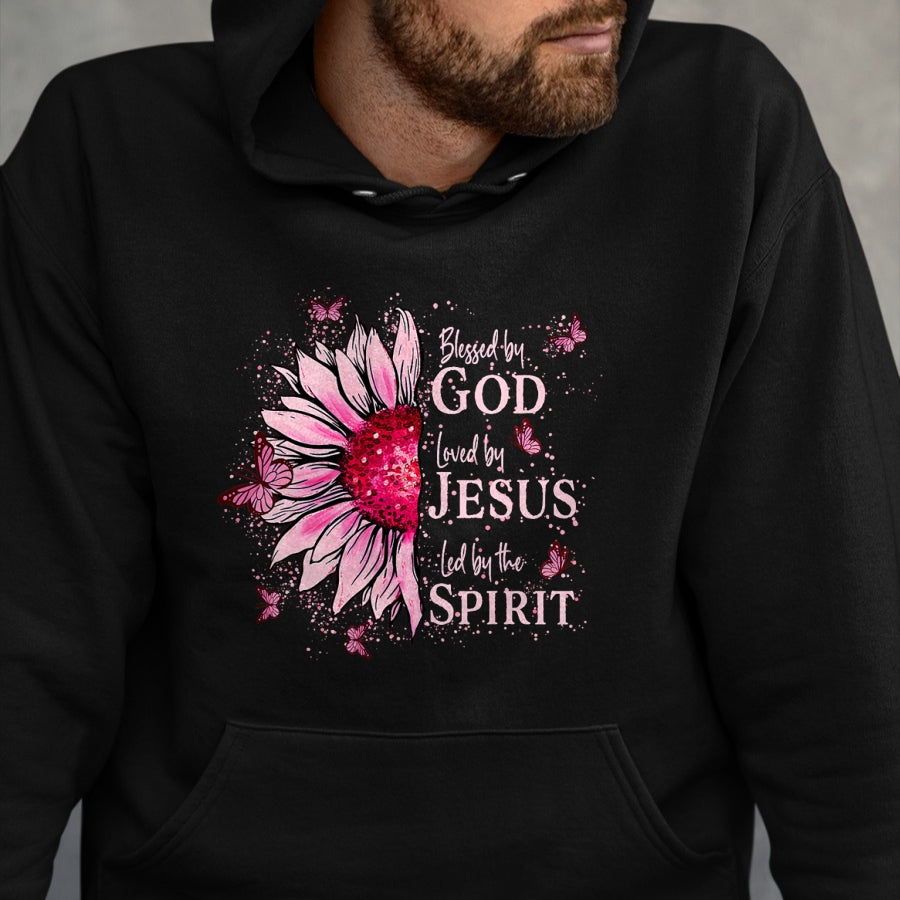 Christian Tee, Christian Faith Unisex T-Shirt/Hoodie/Sweatshirt HLT00 -  Blessed By God - Loved By Jesus Pink Sunflower T-Shirt