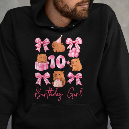 Cute Capybara Shirt, Funny Capybara Unisex T-Shirt/Hoodie/Sweatshirt HLT00 - Coquette 10th Birthday Girl Cute Capybara Bow 10 Year Old T-Shirt