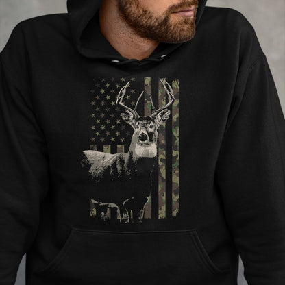 Funny Hunting Shirt, Gift For Hunting Lover Unisex T-Shirt/Hoodie/Sweatshirt HLT00 - Hunting Camo American Flag Deer Camouflage (Design on Back) Long Sleeve T-Shirt