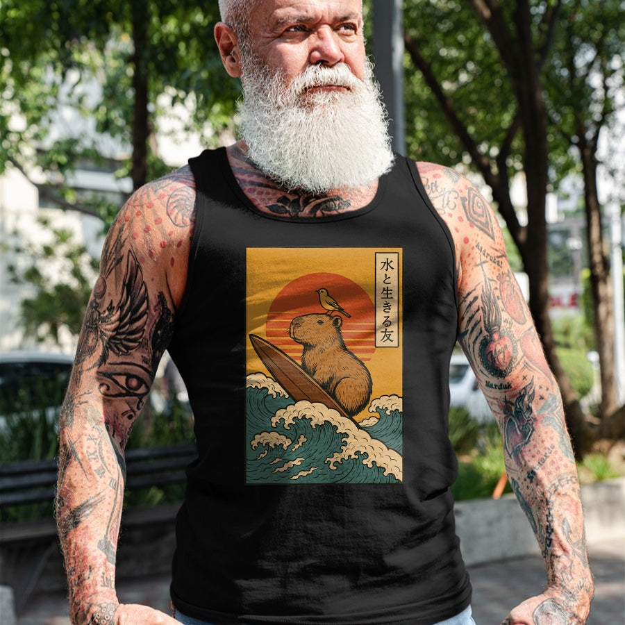 Cute Capybara Shirt, Funny Capybara Unisex T-Shirt/Hoodie/Sweatshirt HLT00 - Capybara Surfing Japanese T-Shirt