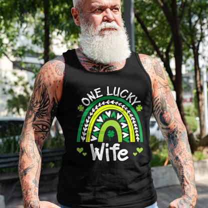 Best Wife Shirt, Wife and Husband Unisex T-Shirt/Hoodie/Sweatshirt HLT00 - Gift for wife T shirt, lucky wife   Womens One Lucky Wife Boho Rainbow St Patricks Day Shamrock V-Ne
