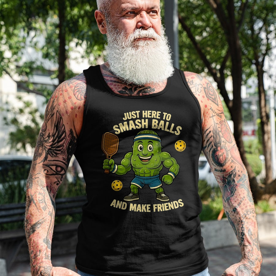 Funny Pickleball Shirt, Pickleball Lover Unisex T-Shirt/Hoodie/Sweatshirt HLT00 - Just Here to Smash Balls and Make Friends Funny Pickleball T-Shirt, Men, Black, 3X-Large