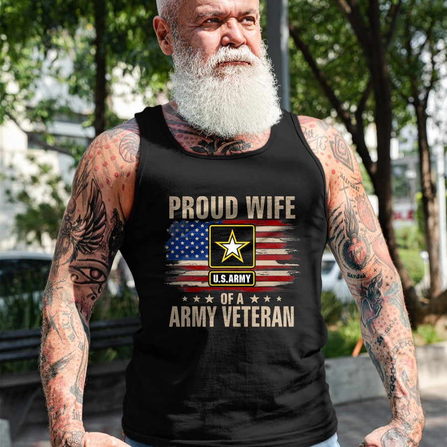 Proud Veteran Shirt, Funny Veteran UnisexT-Shirt/Hoodie/Sweatshirt HLT00 - Vintage Proud Wife of A Army Veteran with American Flag T-Shirt