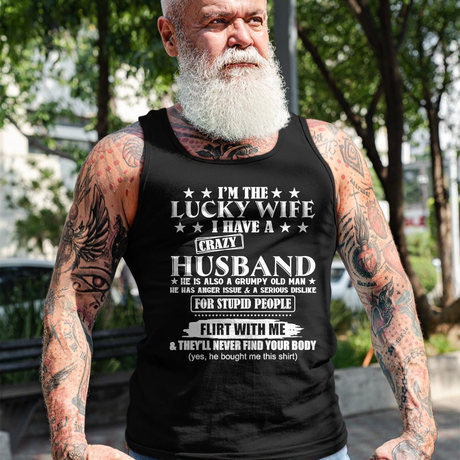 Best Wife Shirt, Wife and Husband Unisex T-Shirt/Hoodie/Sweatshirt HLT00 - Gift for wife T shirt, lucky wife   I'm The Lucky Wife I Have A Crazy Husband Premium T-Shirt (1)
