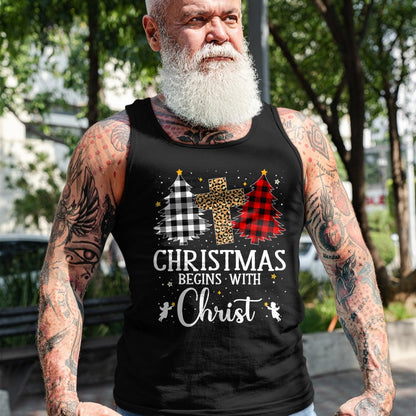Christian Tee, Christian Faith Unisex T-Shirt/Hoodie/Sweatshirt HLT00 - Christmas Begins With Christ Jesus Cross Christian Christmas T-Shirt