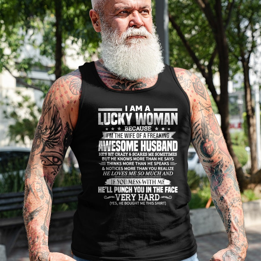 Best Wife Shirt, Wife and Husband Unisex T-Shirt/Hoodie/Sweatshirt HLT00 - Gift for wife T shirt, lucky wife   A Lucky Woman I'm the wife of a freaking awesome husband T-Shirt (1)