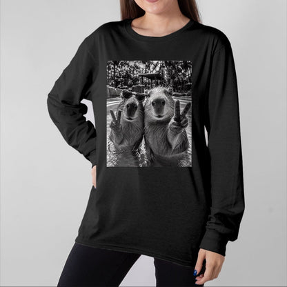 Cute Capybara Shirt, Funny Capybara Unisex T-Shirt/Hoodie/Sweatshirt HLT00 - Funny Capybara Selfie Peace Sign Men Women Cute Animal T-Shirt