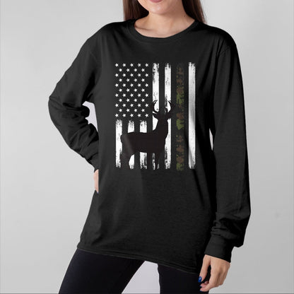 Funny Hunting Shirt, Gift For Hunting Lover Unisex T-Shirt/Hoodie/Sweatshirt HLT00 - Whitetail Deer Hunting Hunter Buck Camo American Flag USA T-Shirt