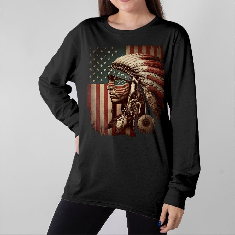 Native American T-Shirts, Vintage Native American Unisex T-Shirt/Hoodie/Sweatshirt HLT00 - Native American Indian Chief American USA Flag (1)