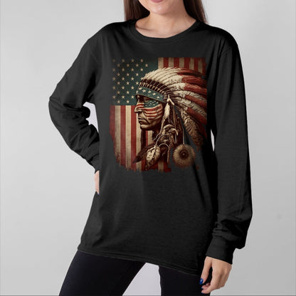 Native American T-Shirts, Vintage Native American Unisex T-Shirt/Hoodie/Sweatshirt HLT00 - Native American Indian Chief American USA Flag (1)