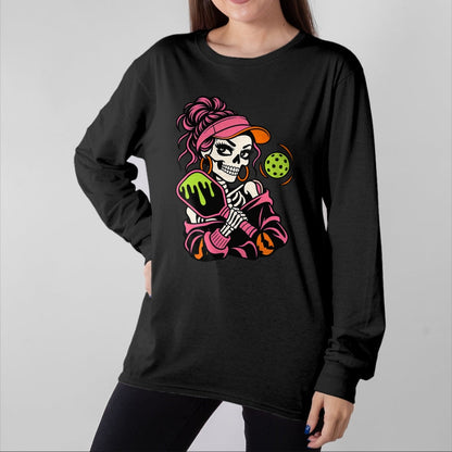 Funny Pickleball Shirt, Pickleball Lover Unisex T-Shirt/Hoodie/Sweatshirt HLT00 - Halloween Pickleball Skeleton Girls Women Halloween T-Shirt