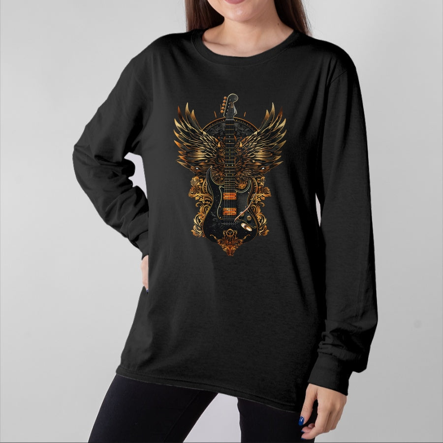 Guitar Lover Shirt, Funny Guitar UnisexT-Shirt/Hoodie/Sweatshirt HLT00 - Electric Guitar Graphic with Fiery Winged Silhouette in Blac T-Shirt