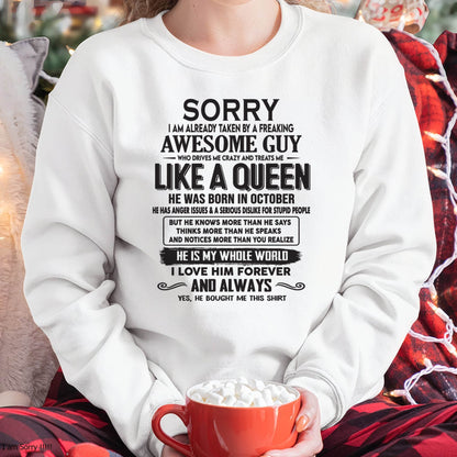 October - Sorry I am already taken by a freaking awesome guy - Gift for Wife From Husband - HNDS10 (SKU08-25-10)