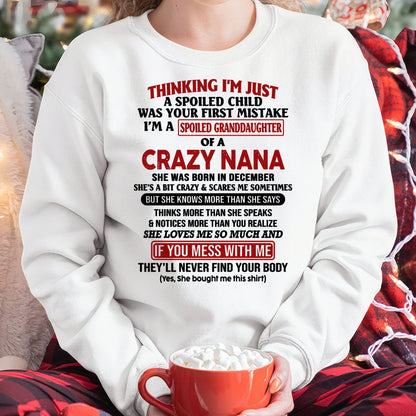 SPOILED GRANDDAUGHTER OF A CRAZY NANA T-SHIRT December Edition – From grandma to granddaughter - NTT12 (SKU07-129-12)