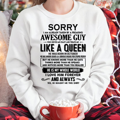 October - Sorry I am already taken by a freaking awesome guy - Gift for Wife From Husband - HNDS10 (SKU-SRG-10)