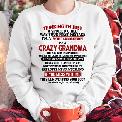 SEPTEMBER - I'M A SPOILED GRANDDAUGHTER OF A CRAZY GRANDMA - From Grandma - hnds09 (SKU-GMD1-NTT09)
