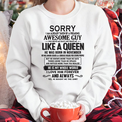 November - Sorry I am already taken by a freaking awesome guy - Gift for Wife From Husband - HNDS11 (SKU08-25-11)