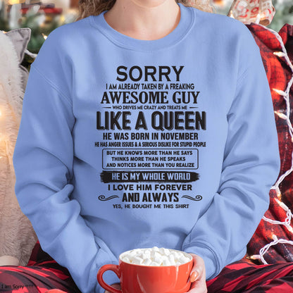 November - Sorry I am already taken by a freaking awesome guy - Gift for Wife From Husband - HNDS11 (SKU08-25-11)