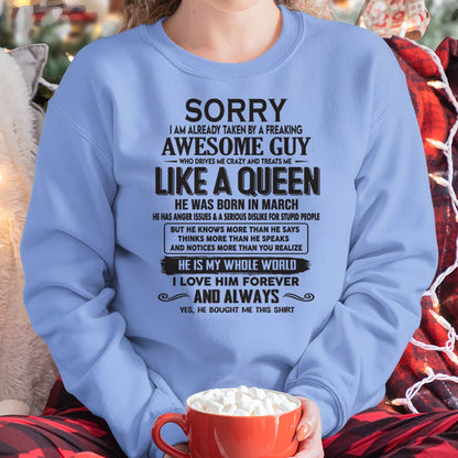 March - Sorry I am already taken by a freaking awesome guy - Gift for Wife From Husband - HNDS03 (SKU08-25-03)