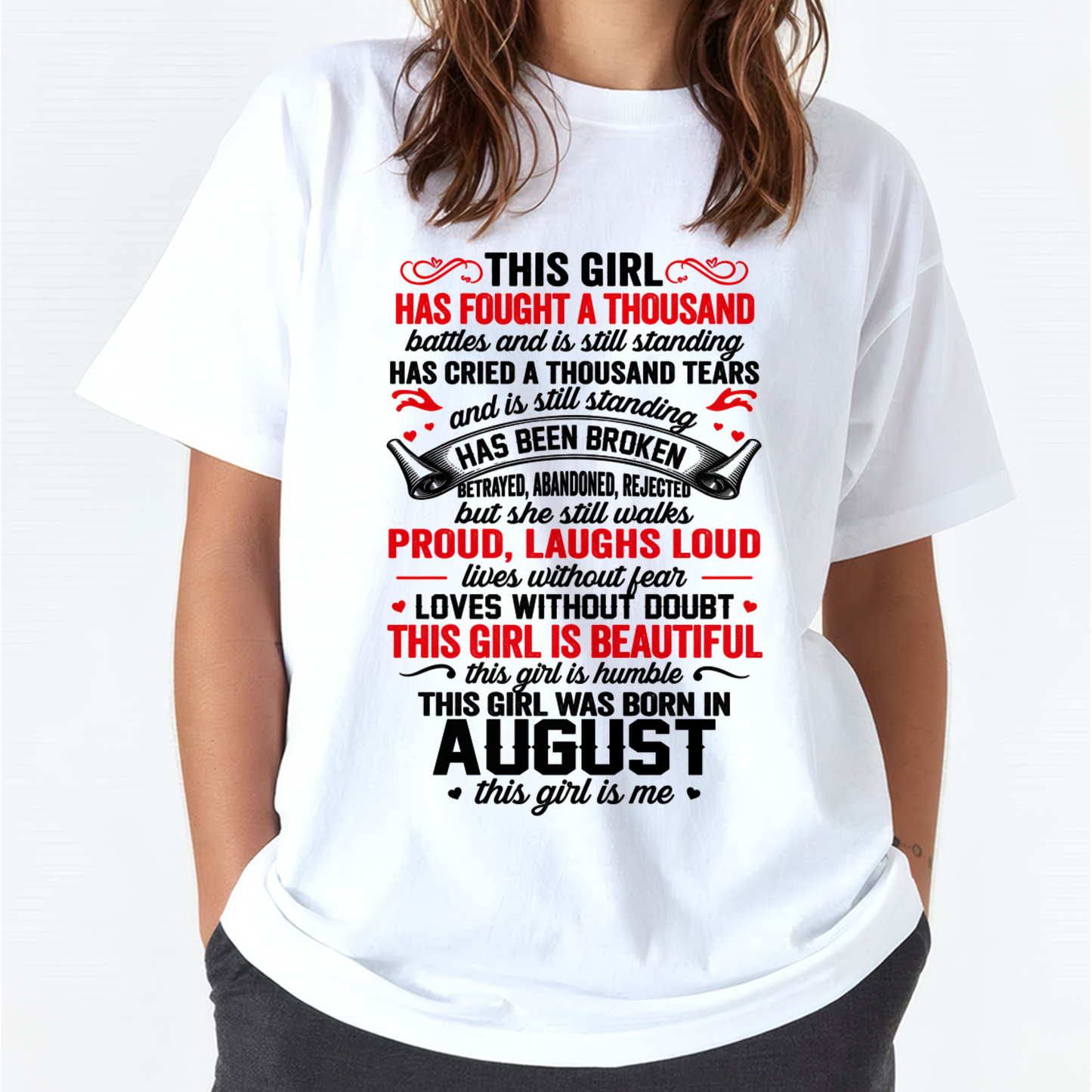 AUGUST GIRL – STRONG, BEAUTIFUL & STILL STANDING – T-SHIRT FOR WOMEN – MTNN08 (SKU2607-203-08)