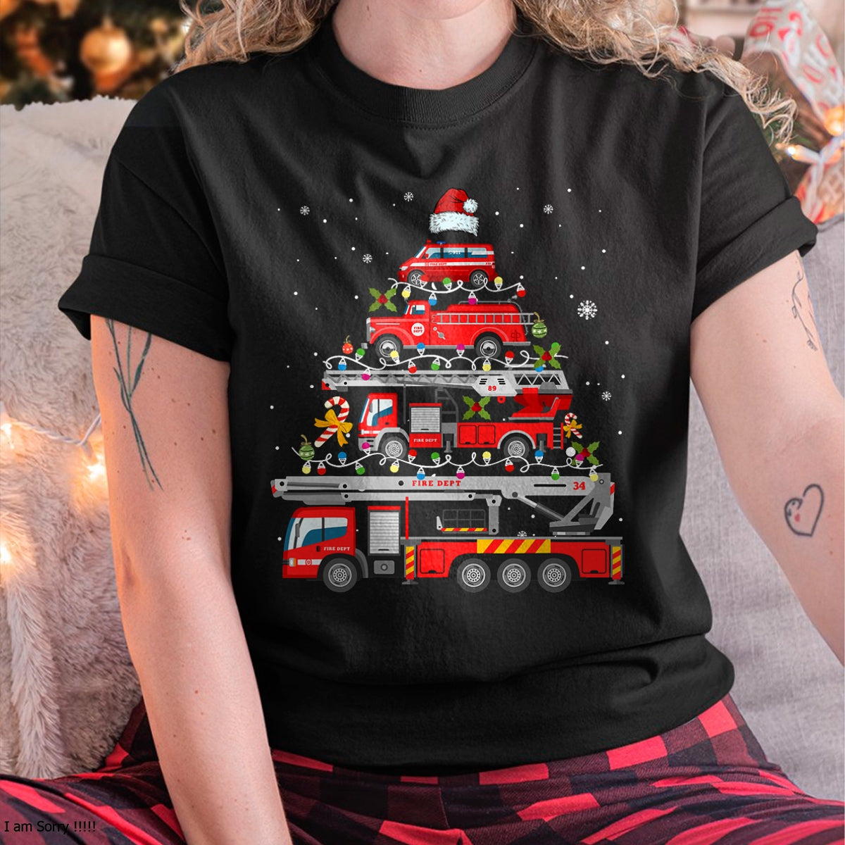 Firefighter Fire Truck Christmas Tree Lights Santa Fireman T-Shirt - Christmas Unisex T-Shirt/Hoodie/Sweatshirt - HNDS00