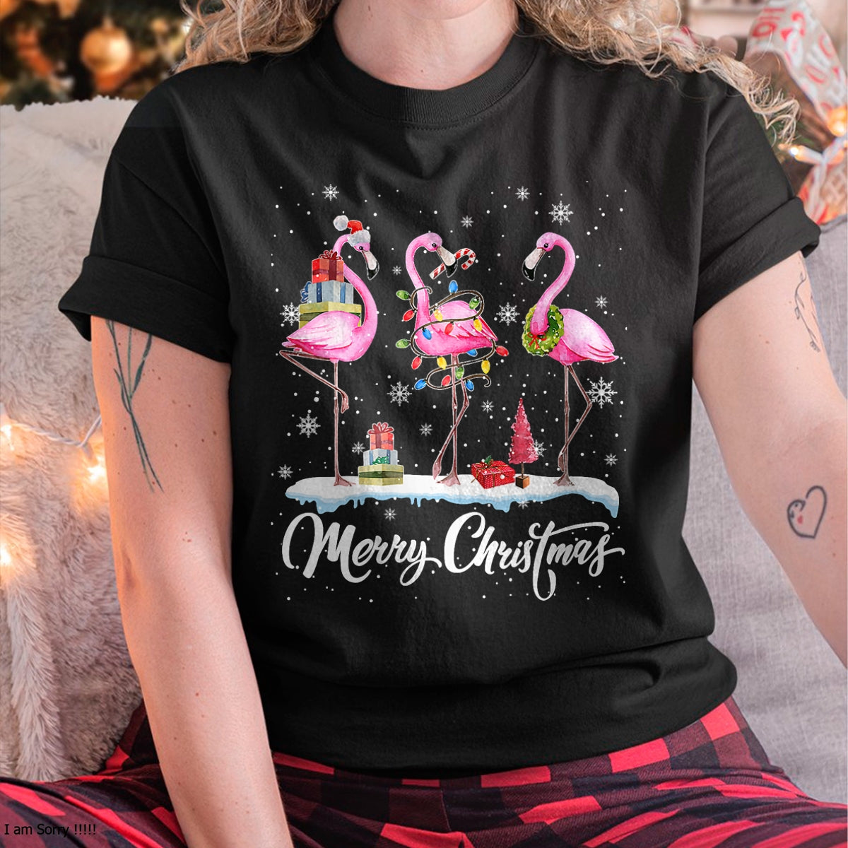 Merry Christmas Hat Santa Flamingo Light Christmas HNDS T-Shirt - Christmas Unisex T-Shirt/Hoodie/Sweatshirt - HNDS00