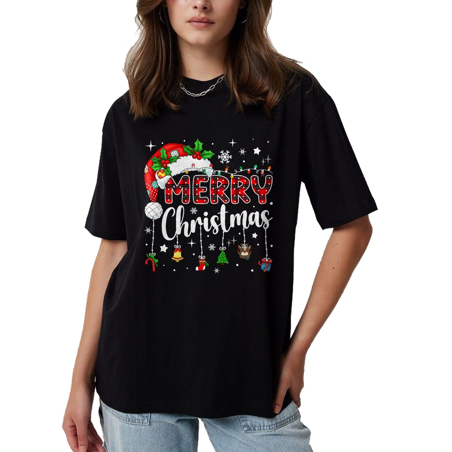 Merry Christmas Red Santa Hat Reindeer Xmas Matching Family T-Shirt - Christmas Unisex T-Shirt/Hoodie/Sweatshirt - HNDS00