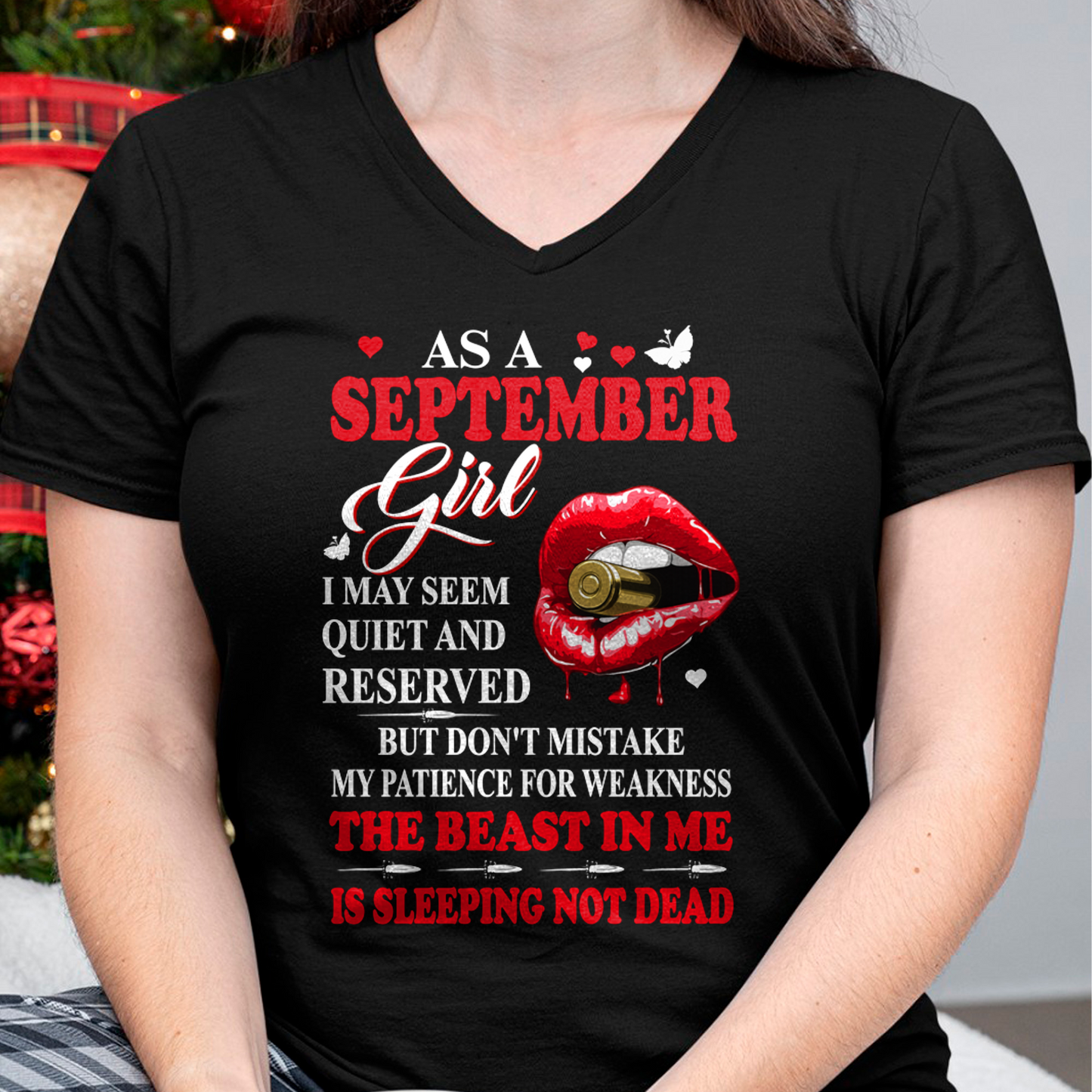 SEPTEMBER GIRL – THE BEAST IN ME IS SLEEPING, NOT DEAD – LIPS & BULLET GRAPHIC T-SHIRT FOR WOMEN - MTNN09 (SKU2607-146-09)