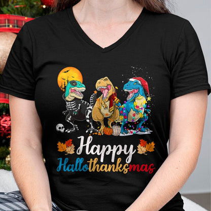 Halloween Thanksgiving Christmas Happy HalloThanksMas T rex T-Shirt - Christmas Unisex T-Shirt/Hoodie/Sweatshirt - HNDS00