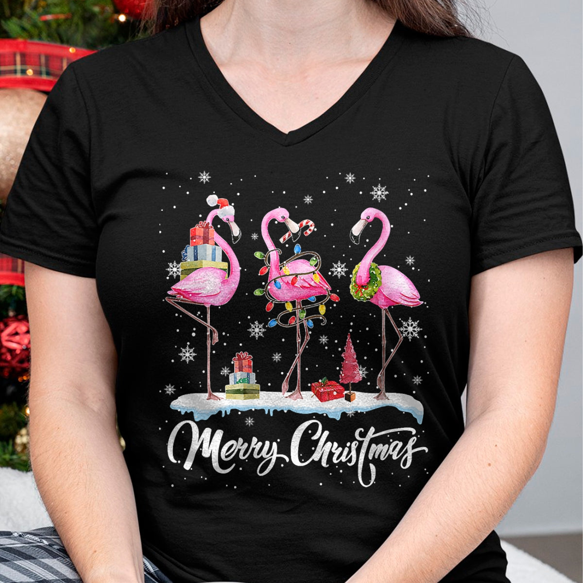 Merry Christmas Hat Santa Flamingo Light Christmas HNDS T-Shirt - Christmas Unisex T-Shirt/Hoodie/Sweatshirt - HNDS00