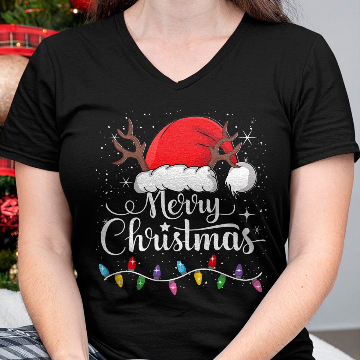Merry Christmas Red Santa Hat Reindeer Xmas Family Men Women T-Shirt - Christmas Unisex T-Shirt/Hoodie/Sweatshirt - HNDS00