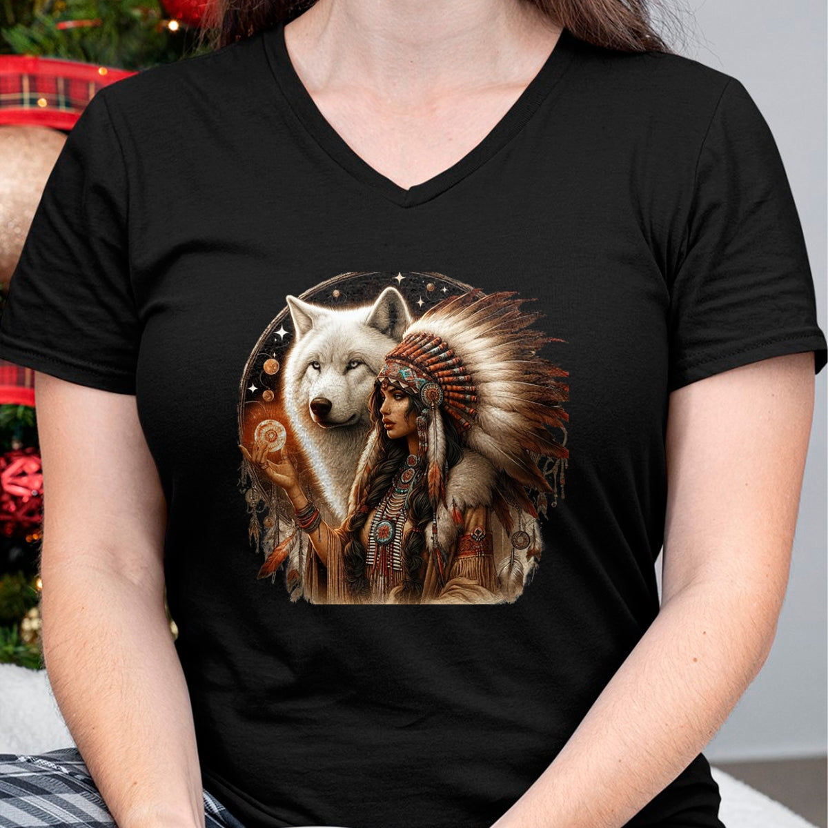 Native American T-Shirts, Vintage Native American Unisex T-Shirt/Hoodie/Sweatshirt HLT00 - Indian Native American Woman With White Wolf Vitage Gifts T-Shirt