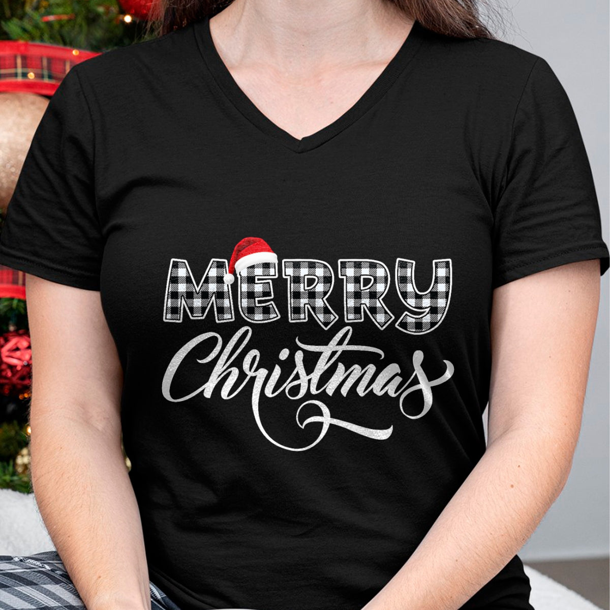 Merry Christmas Buffalo Black and White Plaid for Men Women T-Shirt - Christmas Unisex T-Shirt/Hoodie/Sweatshirt - HNDS00