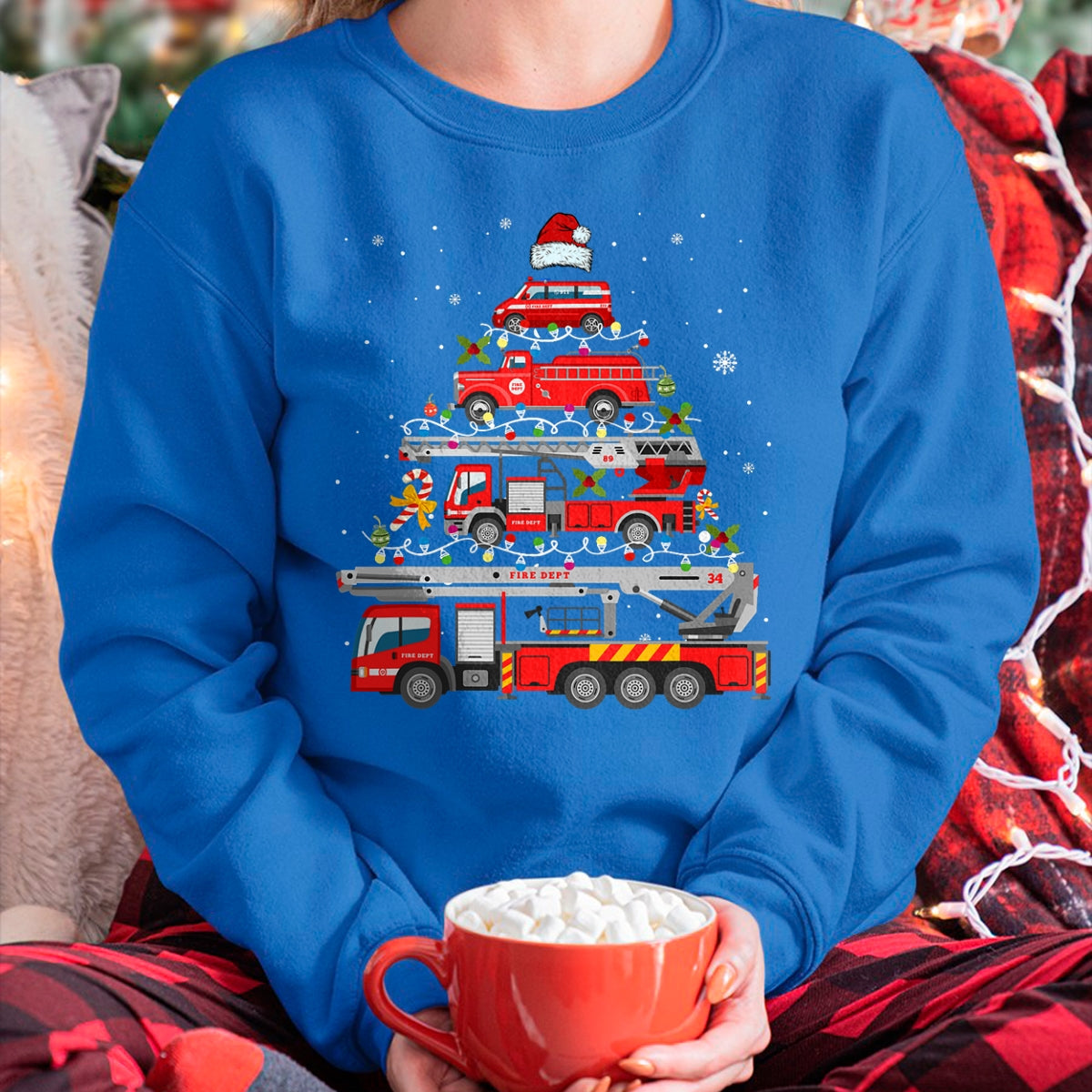 Christmas Shirts for Family, Funny christmas shirts, Christmas Unisex T-Shirt/Hoodie/Sweatshirt HLT00 - Firefighter Fire Truck Christmas Tree Lights Santa Fireman T-Shirt