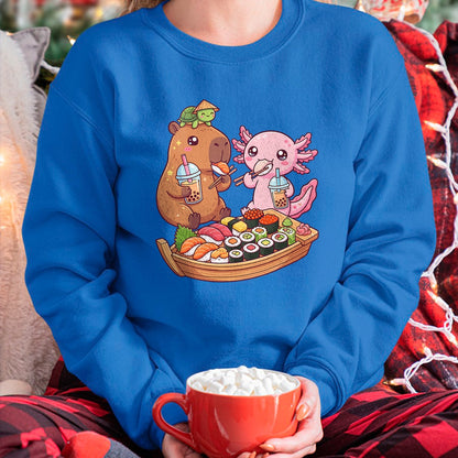 Cute Capybara Shirt, Funny Capybara Unisex T-Shirt/Hoodie/Sweatshirt HLT00 - Cute Capybara Axolotl Sushi Nigiri Bubble Tea Anime Food T-Shirt