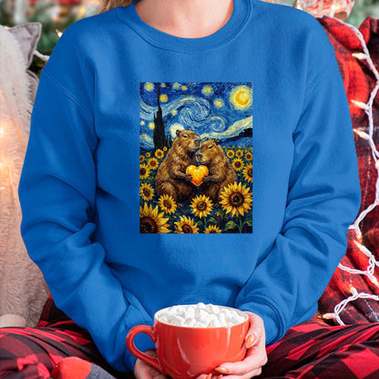Cute Capybara Shirt, Funny Capybara Unisex T-Shirt/Hoodie/Sweatshirt HLT00 - Capybara Starry Night with Heart and Sunflowers Long Sleeve T-Shirt