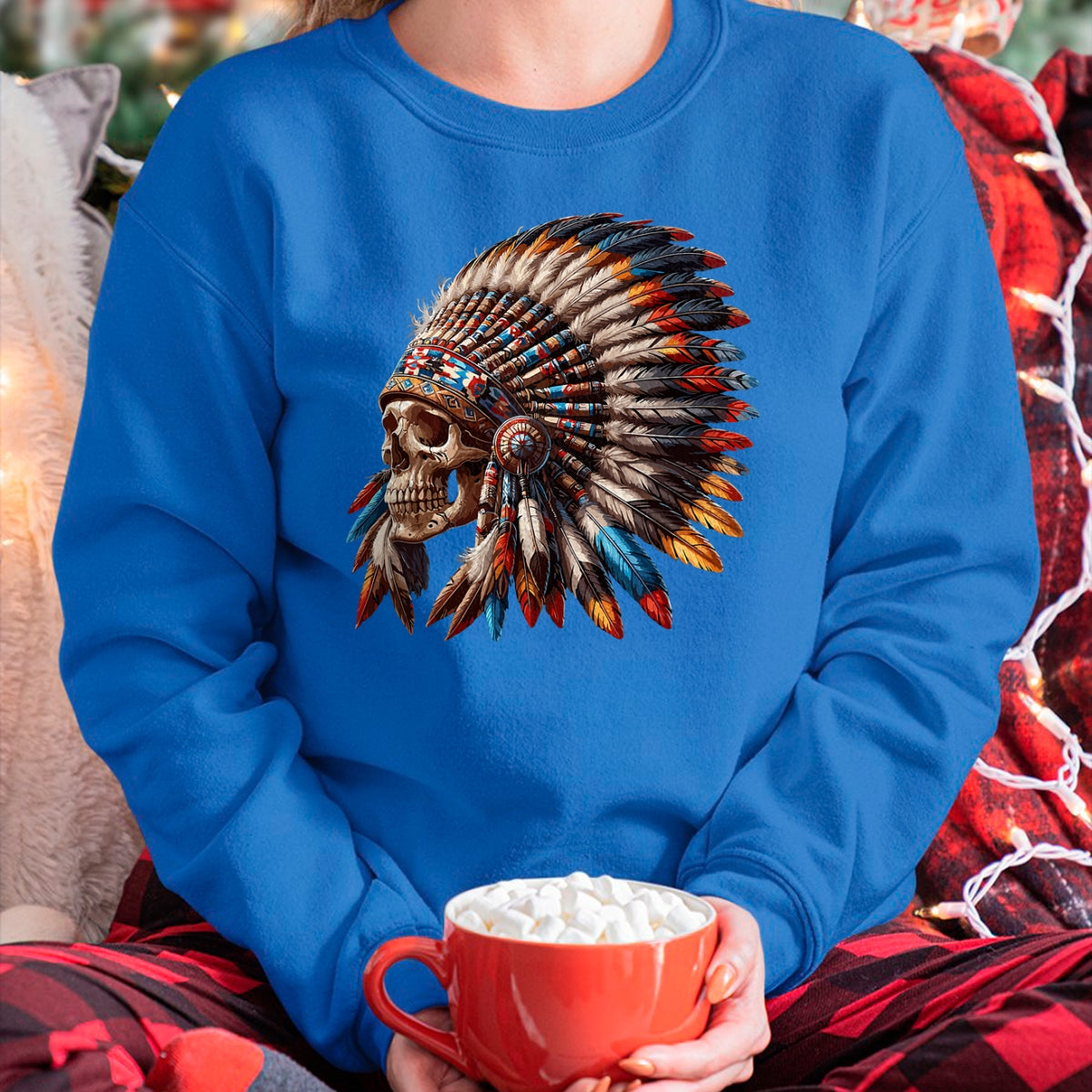 Native American T-Shirts, Vintage Native American Unisex T-Shirt/Hoodie/Sweatshirt HLT00 - Native American Indian Chief Skull Motorcycle Headdress T-Shirt (3)