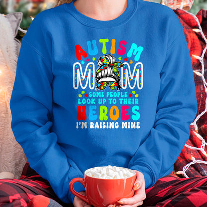 Gift for Mom Shirt, Funny Mom Unisex T-Shirt/Hoodie/Sweatshirt HLT00 - Autism Mom Raising Hero Groovy Messy Bun Autism Awareness T-Shirt