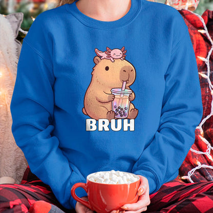Cute Capybara Shirt, Funny Capybara Unisex T-Shirt/Hoodie/Sweatshirt HLT00 - Cute Bruh Capybara Drinking Bubble Tea Axolotl Funny Kawaii T-Shirt
