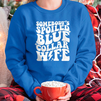 Best Wife Shirt, Wife and Husband Unisex T-Shirt/Hoodie/Sweatshirt HLT00 - Gift for wife T shirt, spoiled wife   Somebody's Spoiled Blue Collar Wife Front & Back Pullover Hood
