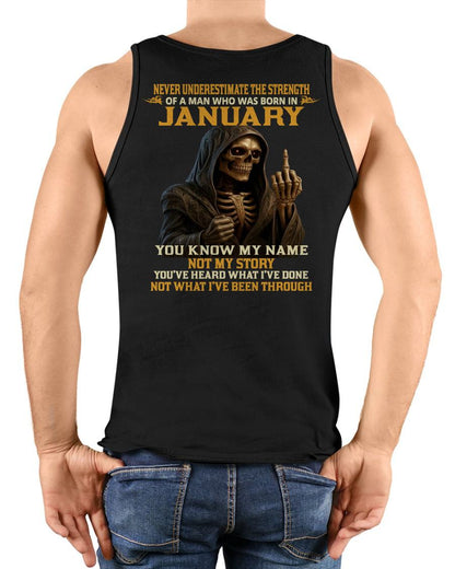 JANUARY - NEVER UNDERESTIMATE - BIRTHDAY T-SHIRT FOR MEN - MTNN01 (SKU26T-01-06-01)