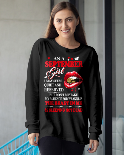 SEPTEMBER GIRL – THE BEAST IN ME IS SLEEPING, NOT DEAD – LIPS & BULLET GRAPHIC T-SHIRT FOR WOMEN - MTNN09 (SKU2607-146-09)