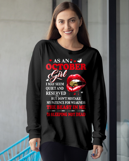 OCTOBER GIRL – THE BEAST IN ME IS SLEEPING, NOT DEAD – LIPS & BULLET GRAPHIC T-SHIRT FOR WOMEN - MTNN10 (SKU2607-146-10)