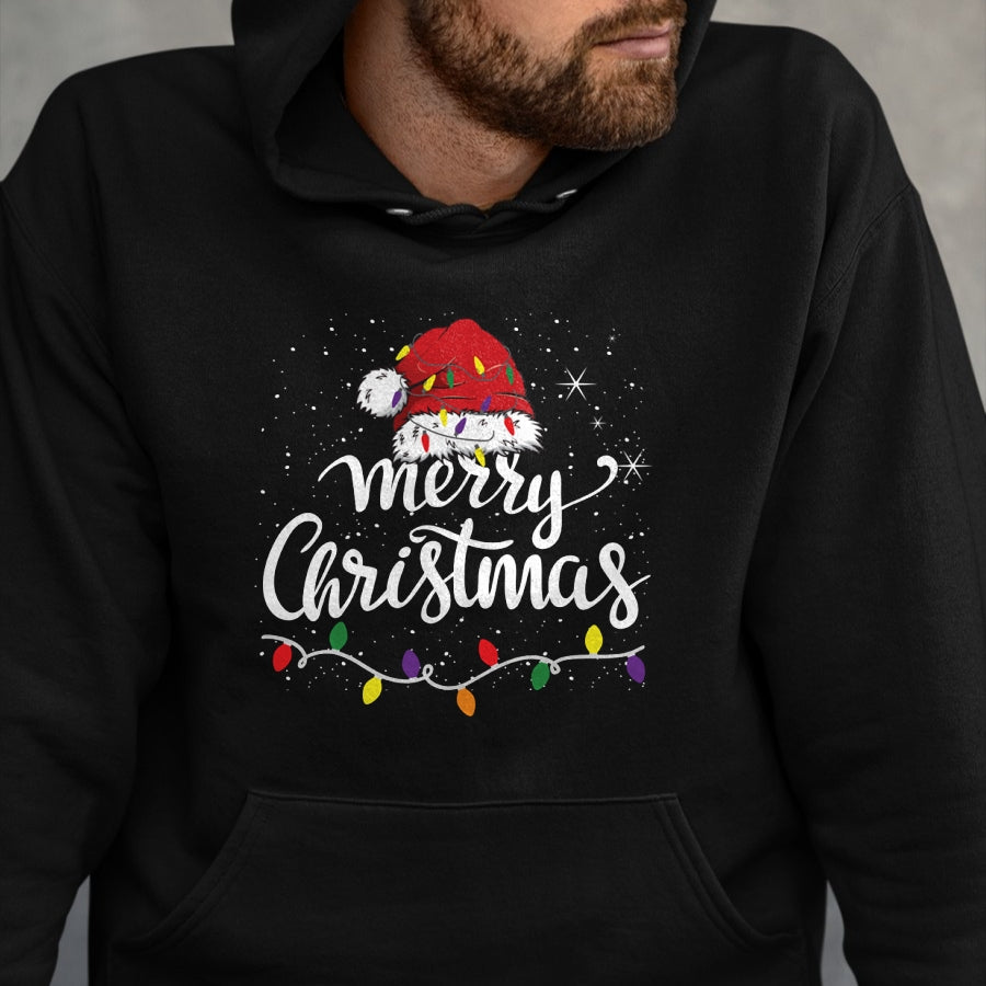 Merry Christmas Lights Red Santa Hat Xmas Family Men Women Pullover - Christmas Unisex T-Shirt/Hoodie/Sweatshirt - HNDS00