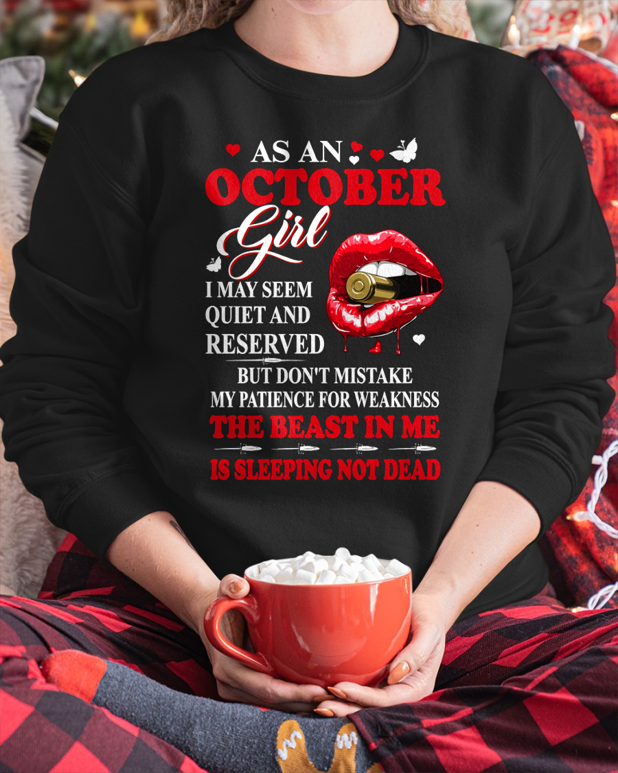 OCTOBER GIRL – THE BEAST IN ME IS SLEEPING, NOT DEAD – LIPS & BULLET GRAPHIC T-SHIRT FOR WOMEN - MTNN10 (SKU2607-146-10)