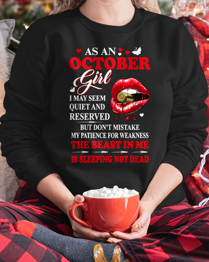OCTOBER GIRL – THE BEAST IN ME IS SLEEPING, NOT DEAD – LIPS & BULLET GRAPHIC T-SHIRT FOR WOMEN - MTNN10 (SKU2607-146-10)