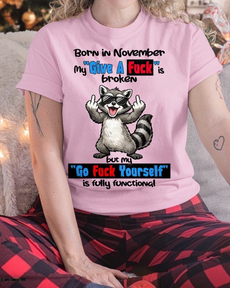 BORN IN NOVEMBER, MY "GIVE A F*CK" IS BROKEN FUNNY HUMOR BIRTHDAY MONTH T-SHIRT/HOODIE/SWEATSHIRT FOR WOMAN  - HNDS11