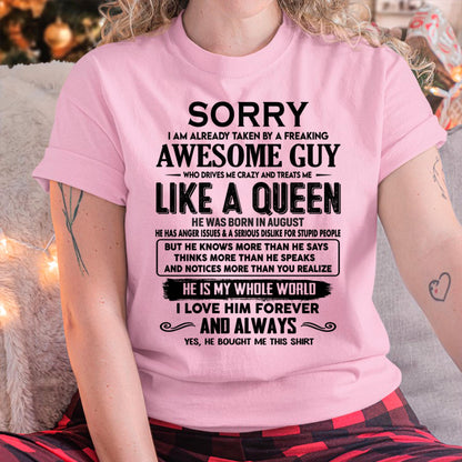 August - Sorry I am already taken by a freaking awesome guy - Gift for Wife From Husband - HNDS08 (SKU-SRG-08)